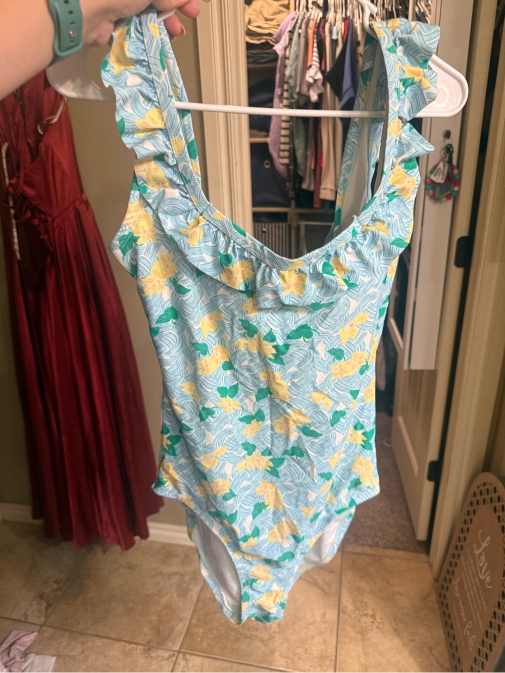 Ruffle Butts Floral Ruffle One-Piece Swimsuit - Light Blue, Yellow & Green